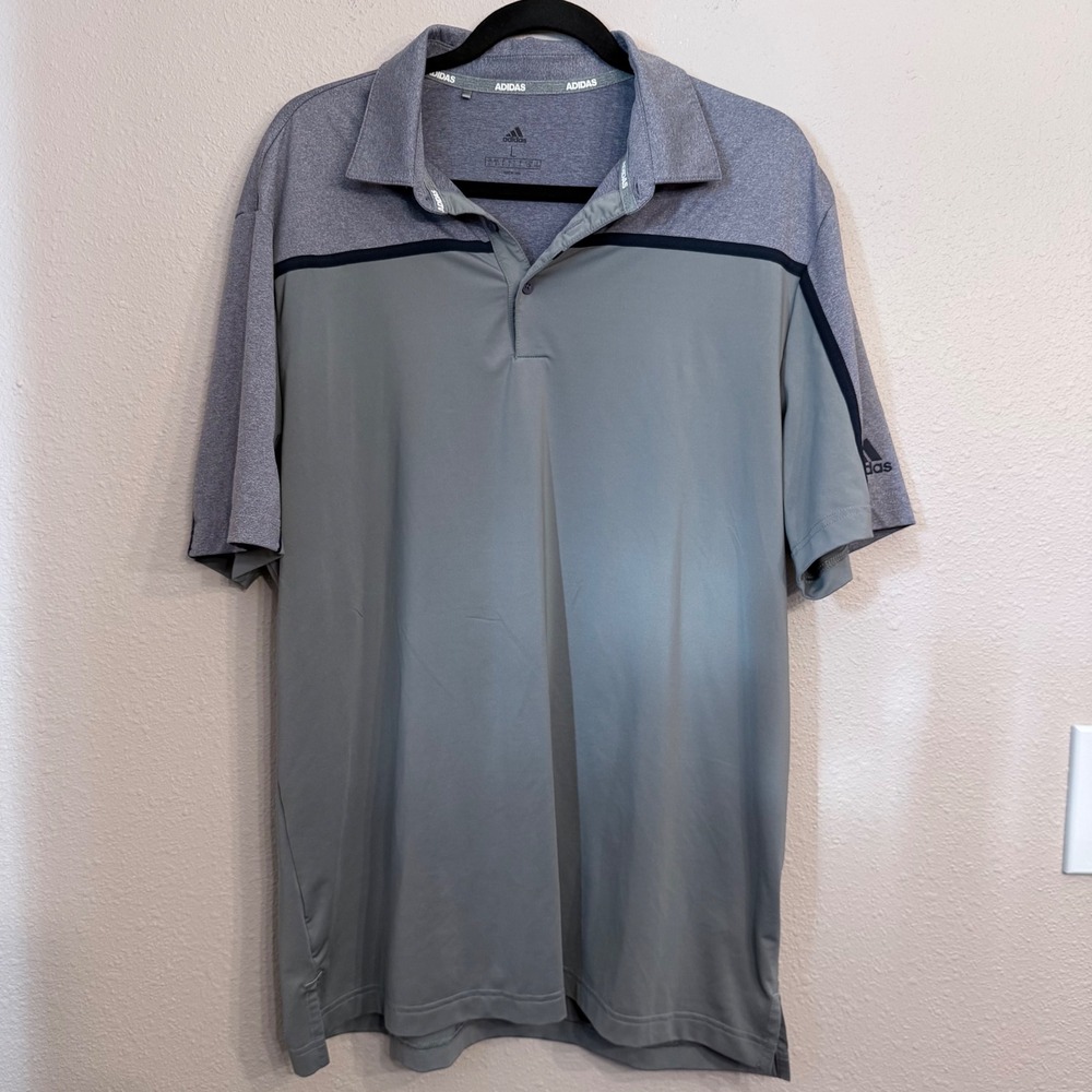 Adidas Mens Golf Polo Shirt Gray Navy Stripe Performance Short Sleeve Large